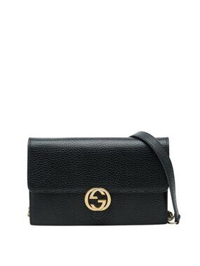 Gucci Interlocking Shoulder Bag Chain Wallet Black Leather